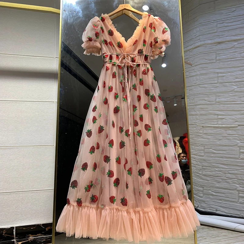 

Women Long Party Strawberry Dress Summer Sequin Mesh Sweet Lolita High Waist Black Pink Tulle Maxi Dress Original Quality