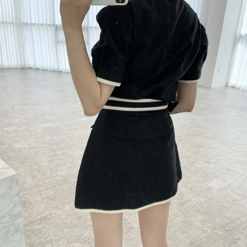 

Women Sets 2021 Summer Korean Retro Temperament Lapel Hemming Pocket Puff Sleeve Shirt High Waist A-line Skirts