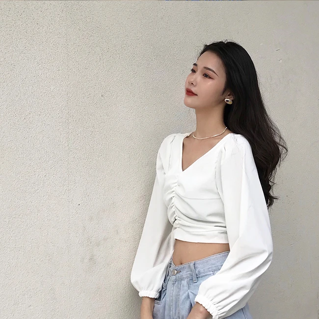 

Blouses Women V-neck Long Puff Sleeve Crop Tops Elegant Sexy Pleated Solid Streetwear Womens Retro Stylish Retro Slim Shirts New