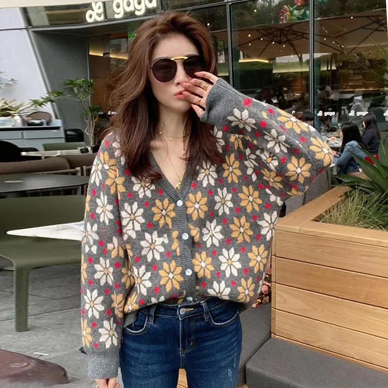 

Новинка 2021, модные вязаные кардиганы Ins, зимние свитера с цветами, женская верхняя одежда, пальто, женская одежда