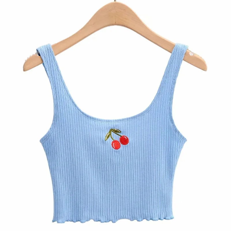 

TINGGE TG Retro Vest Strap Cute Cherry Embroidery Embroidered Low Cut Short Top Eith Thin Auricularia Edge Haut Femme