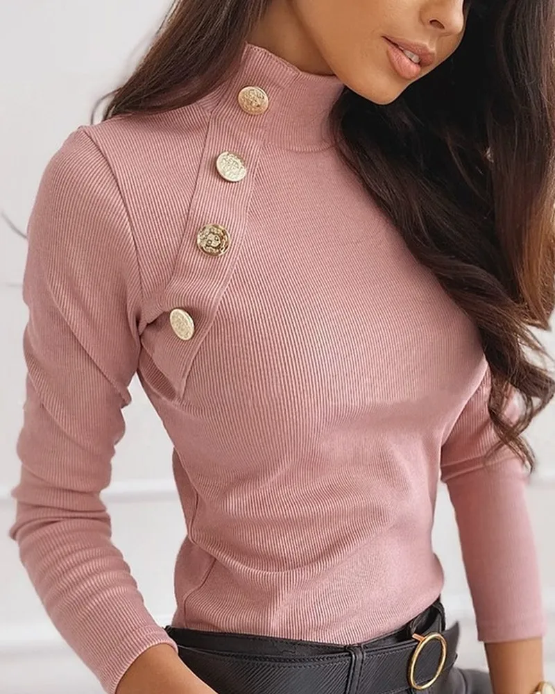 Buttoned Detail Solid Ribbed Design Turtleneck Sweater Pullover Soft Winter For Woman Sweaters | Женская одежда