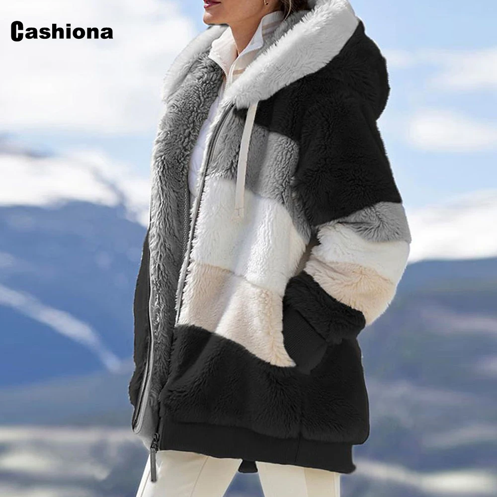 Plus Size 4XL 5XL Women Faxu Fur Coats Patchwork Plush Outerwear Zipper Hoodie Coats Winter Fleece Jackets Womens Clothing 2022