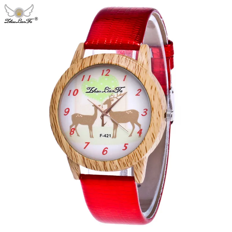 

NO.2Christmas Elk Pattern Watches Wood Grain Denim Band Analog Quartz Vogue Dress Watches Clock