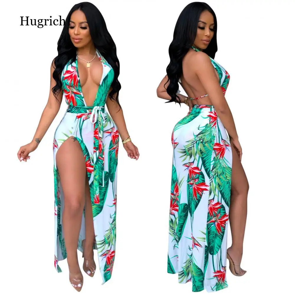 

Женское летнее платье-макси с V-образным вырезом, открытой спиной и высоким разрезом