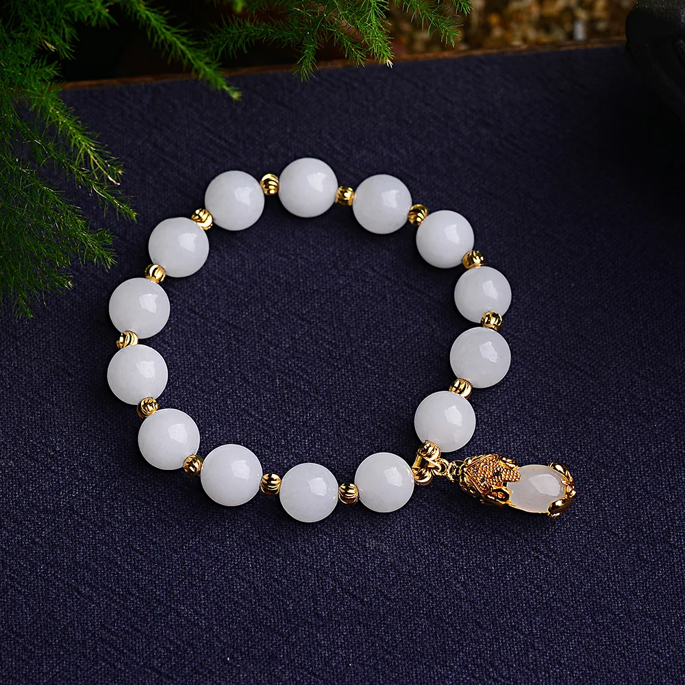

Hot Selling Natural White Jade Round Bead Bracelet Charm Jewellery Women's Hand-Carve Bracelet for Women Men Fashion Accessories