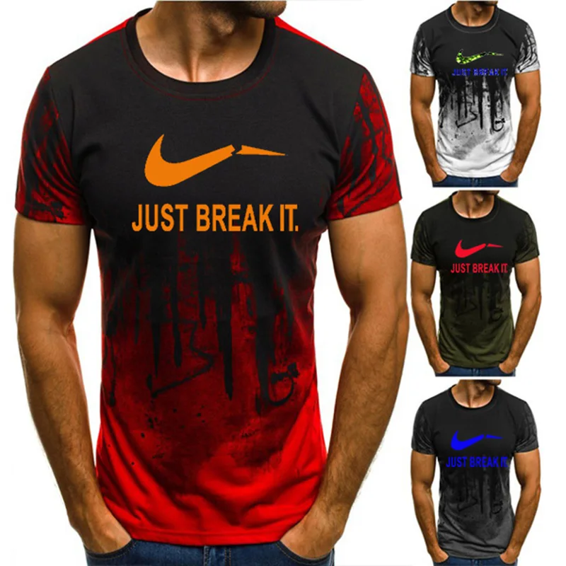 3D printing brand running T-shirt men's sports shirt short-sleeved O-neck striped print loose fitness | Спорт и развлечения