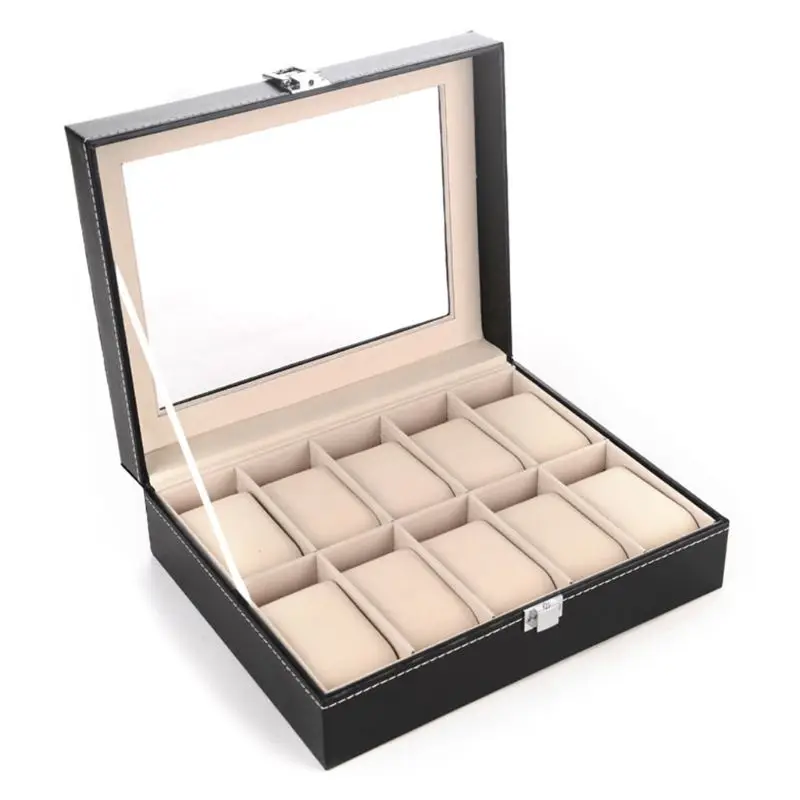 

Luxury 10 Slots PU Leather Watch Display Box Storage Case Large Holder Organizer 19QC