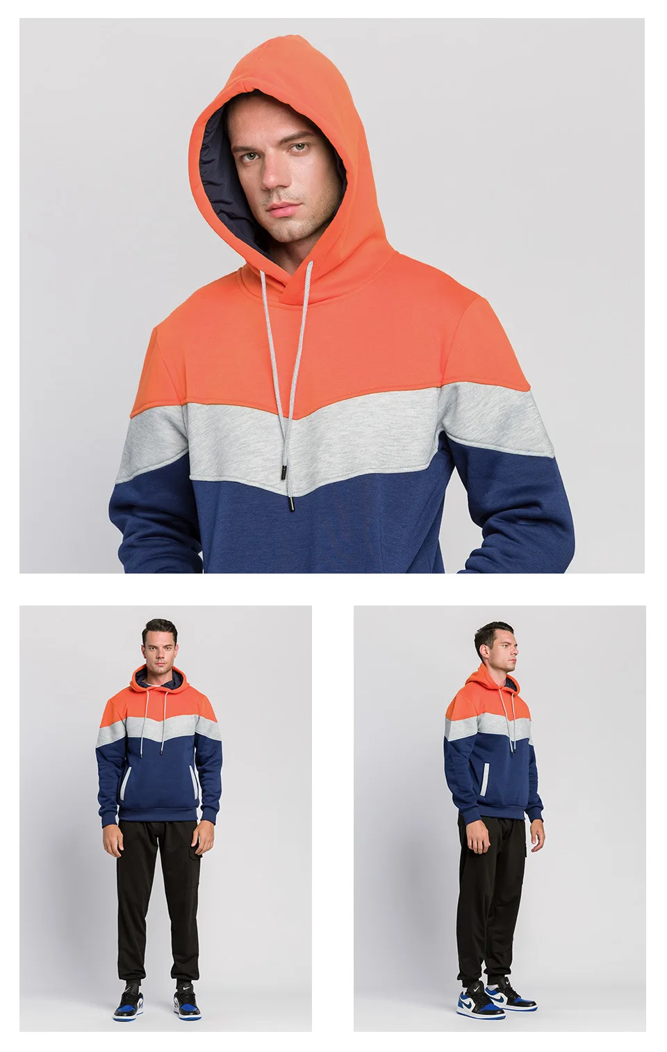 

Men's Patchwork Hooded Sweater Suit Casual Loose Fleece Warmth Street men's Fashion Autumn And Winter Jacket + Thick Pants Suit