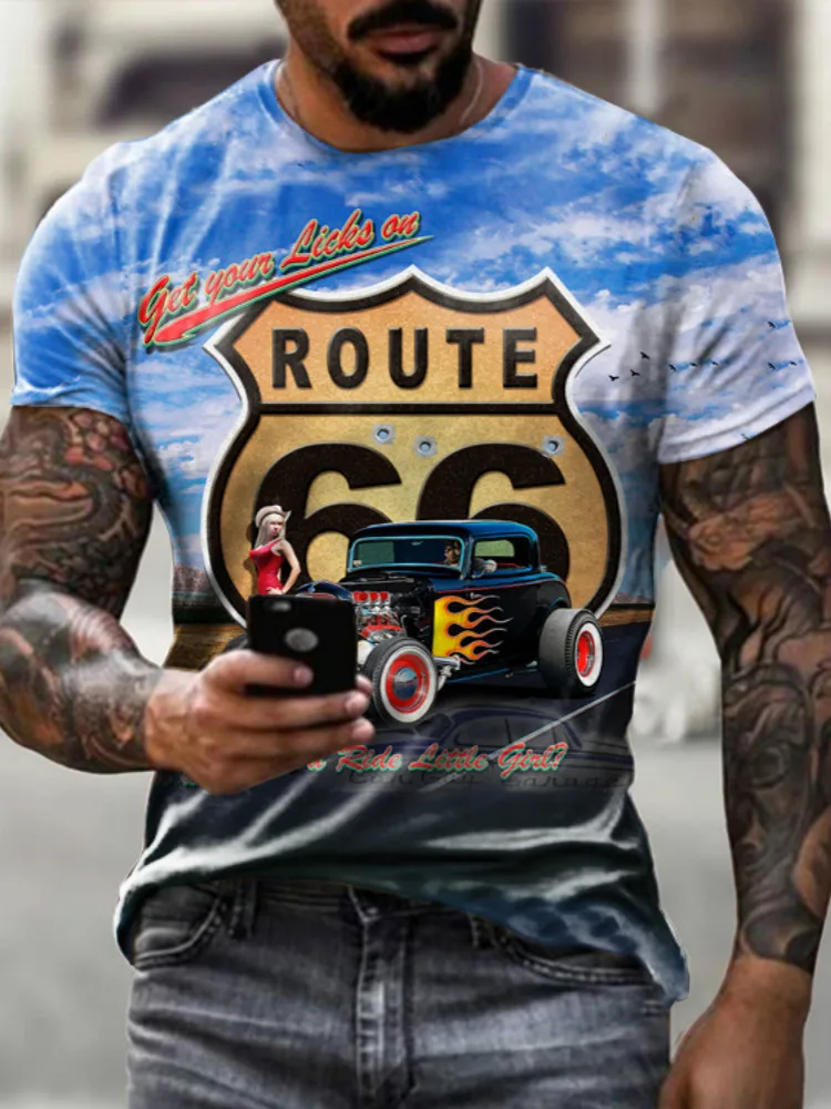 

2021 new European and American men's road 66 printing casual spot crew neck T-shirt super