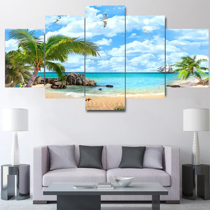 

5PCS HD Print Hawaiian Seascape Modern Painting Coconut Tree Picture Living Room Home Decoration Art Wall Poster Without Frame