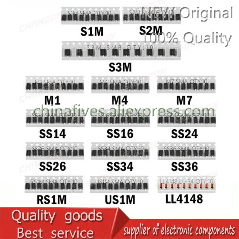 SMD диод Diodo de Comutacao Rapida Ассорти Комплект (M1 M4 M7 S1M S2M S3M SS14 SS16 SS24 SS26 SS34 SS36 RS1M US1M