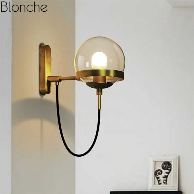 Retro Glass Ball Wall Lamp Vintage Wall Sconce Light Gold/Black Fixtures for Living Room Bathroom Loft Home Decor E27 Lighting