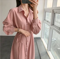 newest womens v neck pink long drawstring cuffs buttons belted casual loose long dress solid color