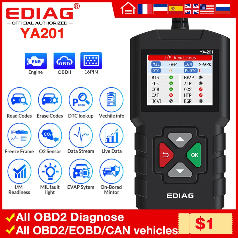 Считыватель кодов EDIAG YA201 OBD2 16 контактный диагностический прибор для автомобилей