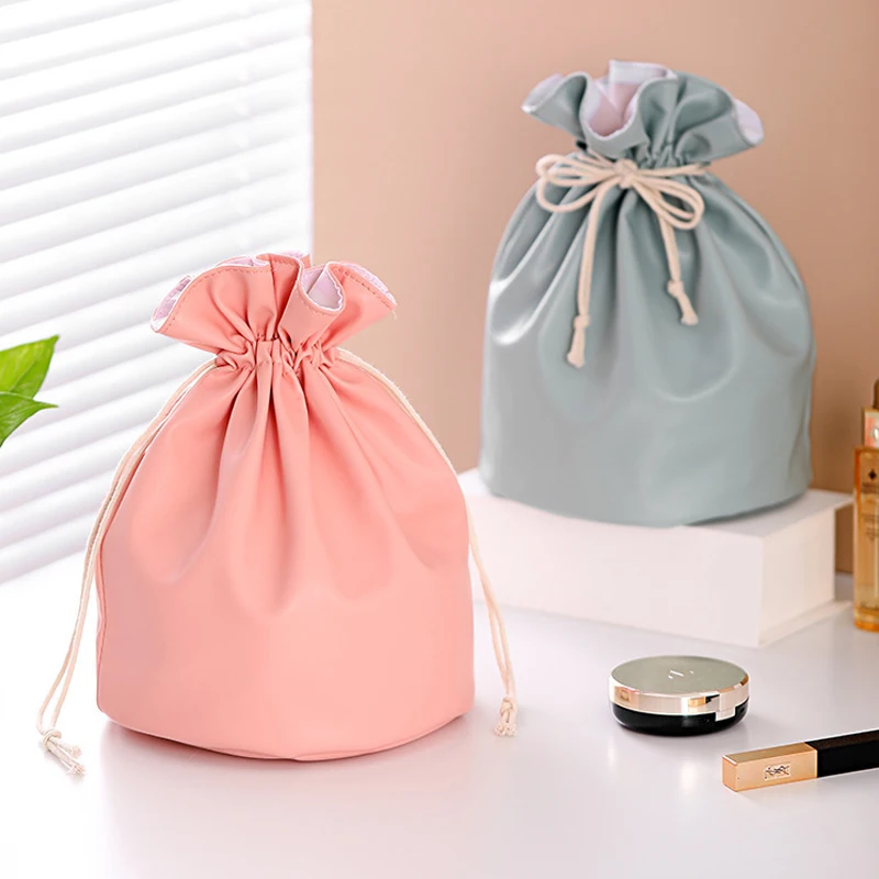 

1 Pc Women's Drawstring Cosmetic Bags PU Leather Waterproof Travel Handbag Organizer Toiletries Storage Bag Female Make Up Case