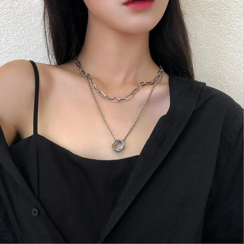 Женское Двухслойное ожерелье из нержавеющей стали колье с круглым кулоном