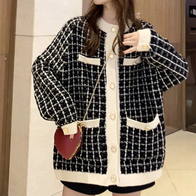 

Loose Autumn 2021 New Sweater Coat Long Sleeve Single Breasted Plaid Knit Women Cardigan Female Jacket Coat Tops