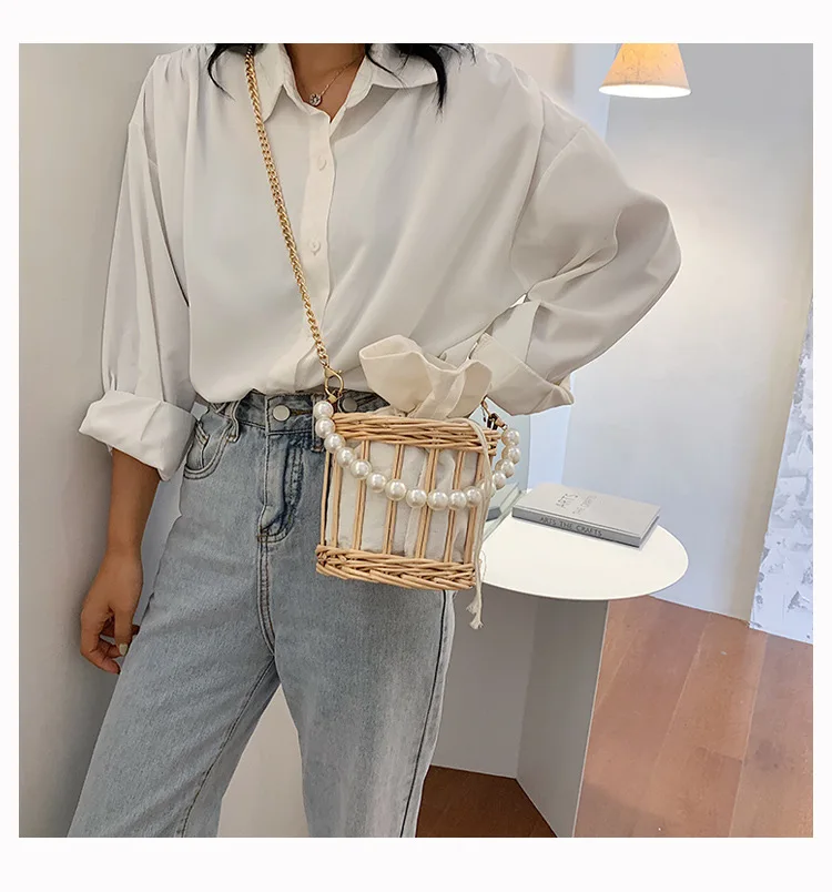 

Luxury Designer Pearl Handle Lady Tote Bag 2021 New Women Hand-woven Handbag Straw Rattan Crossbody Bag Small Bucket Beach Bag