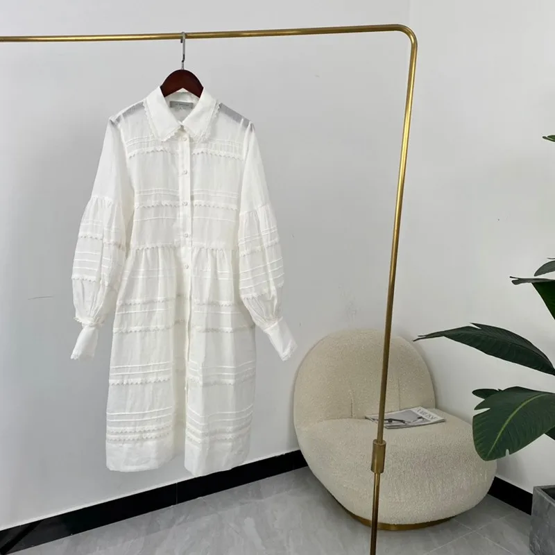 

Женское Хлопковое платье с отложным воротником, белое ТРАПЕЦИЕВИДНОЕ ПЛАТЬЕ до колена с длинным рукавом, Новинка лета 2021