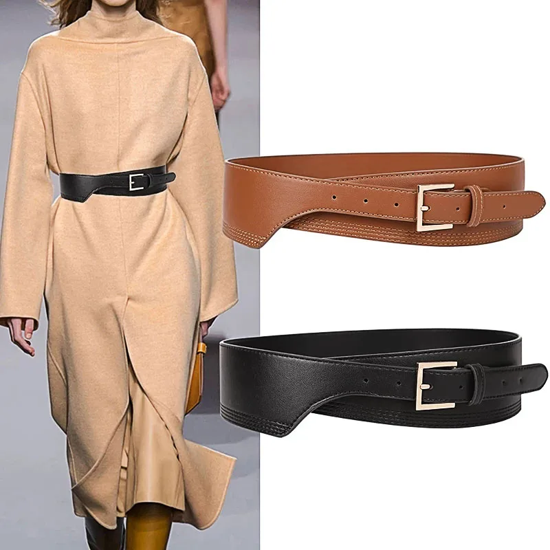 

New Women's Pu Leather Fashion With Retro Versatile Policy Button Tights Coat Skirt Waist Soft Gold Belt