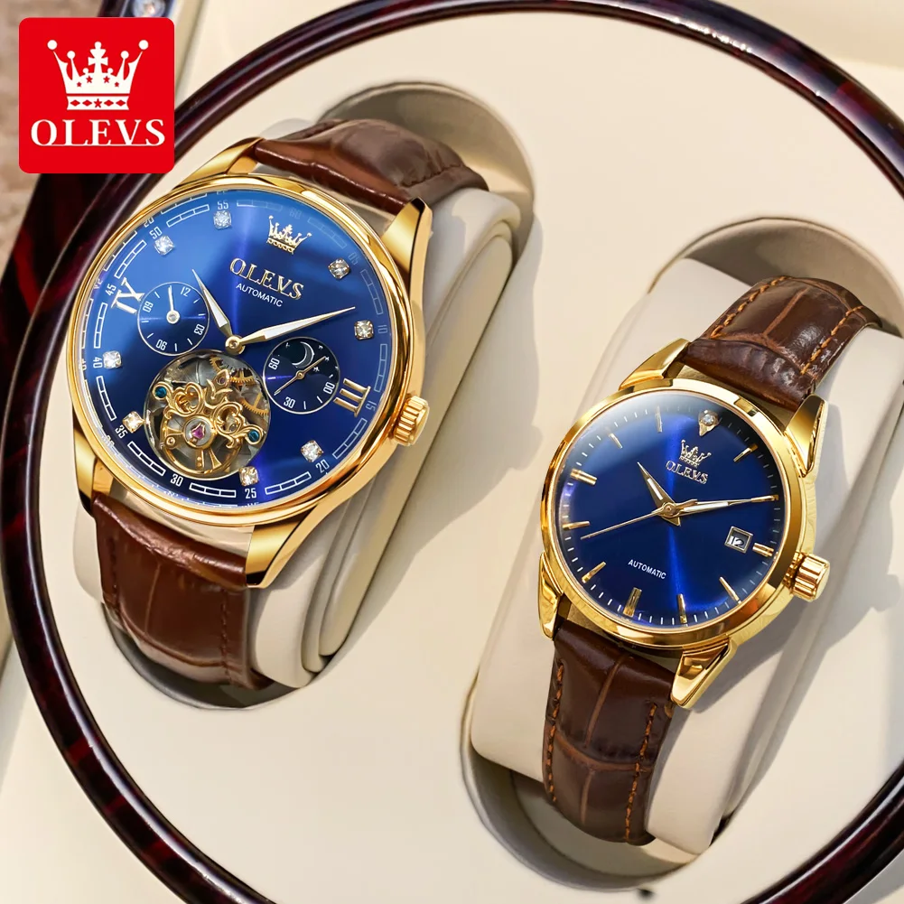 OLEVS 2021 New Leather Automatic Mechanical Watch Women Brand Luxury Waterproof Watch Elegant Diamond Wrist Watches Gifts Clock