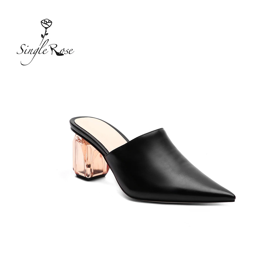 

Pointed Toe Women Slipper Cystal heels mules genuine leather women house slippers summer cute slides women Single Rose T13