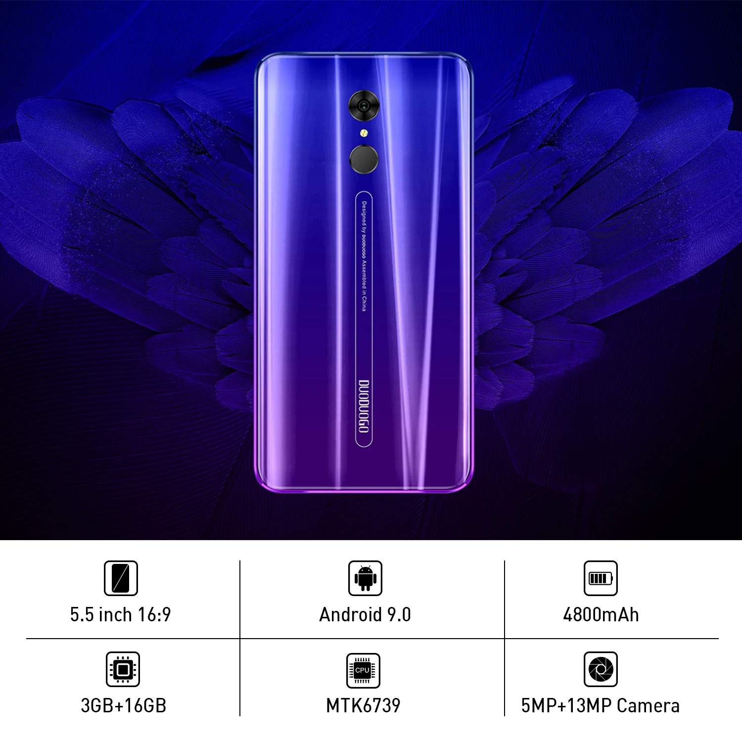 DUODUOGO G55 мобильный телефон Android 9 0 3 ГБ ОЗУ 16 Гб ПЗУ 13MP + 5MP 5 "HD ips 4800mAh отпечаток