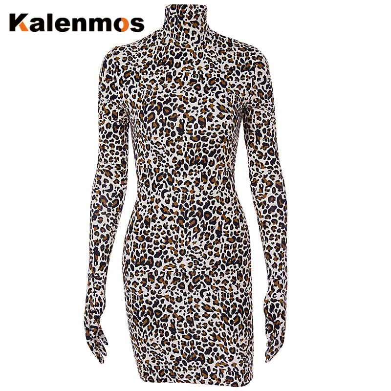 Леопардовая расцветка длинные рукава с перчатками Сексуальное мини платье для