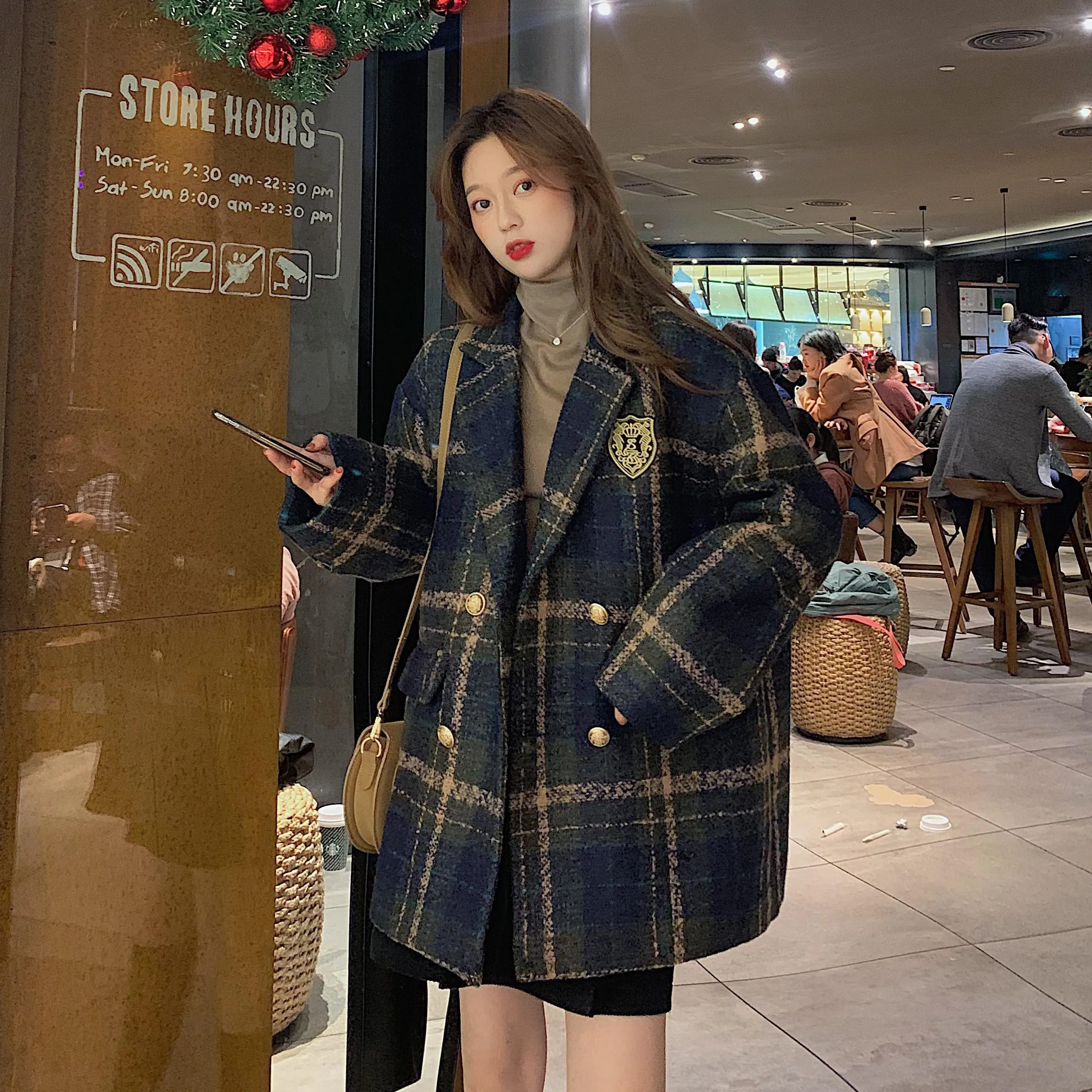 

Женское шерстяное пальто в клетку, Осень-зима 2021, новый маленький корейский шикарный двухсторонний шерстяной костюм, пальто