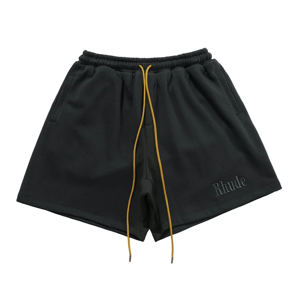 

2021ss RHUDE Embroidery Shorts Men Women 1:1 High Quality Vintage Yellow Drawstring Heavy Fabric High Street Solid Breeches