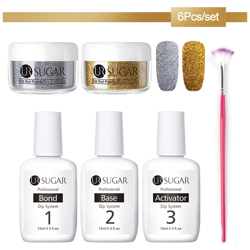 6Pcs set 6 Ur Sugar 5 мл Dip ногтей Порошковая голографическая блеск градиент Сияющий хромированный пигмент погружающийся порошок Набор для украшения ногтей DIY - Цвет: 6Pcs set 6