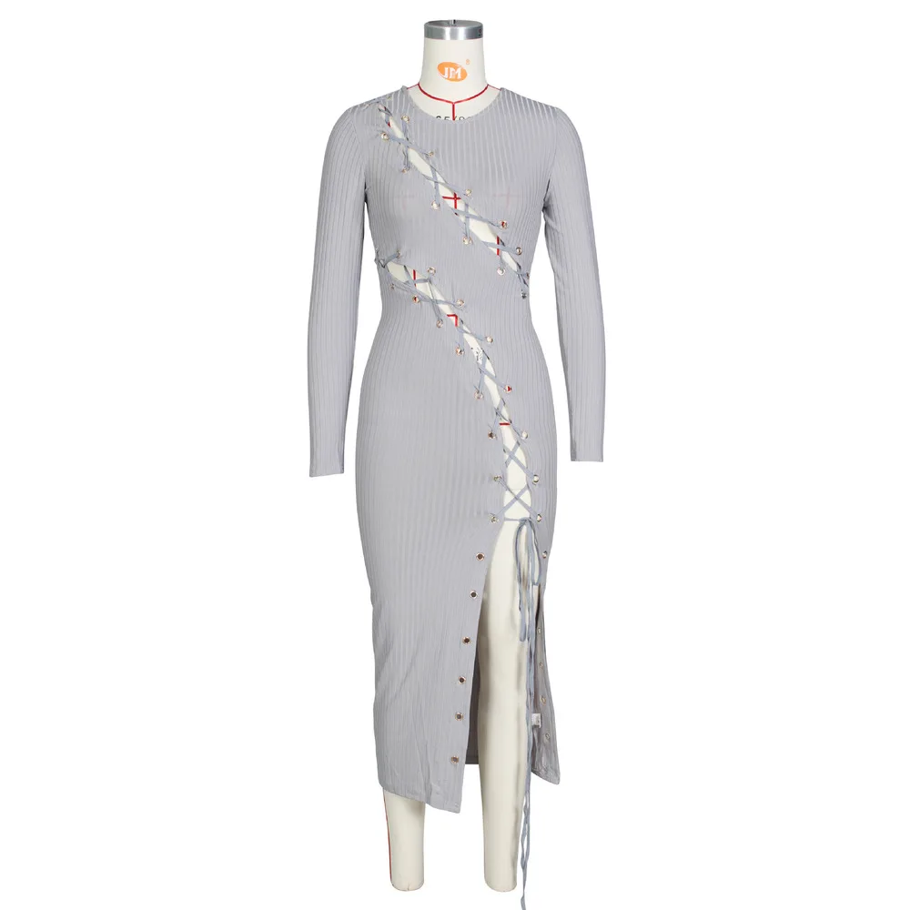 

Elastic Hight Lace Up Hollow Sexy Pencil Dresses Women Long Sleeve Side Split Package Hip Dress Spring Fashion Color Block Dress