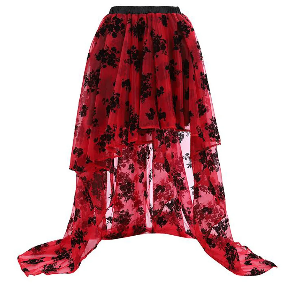 Высокая Низкая Цветочная кружевная юбка для женщин с эластичной резинкой на