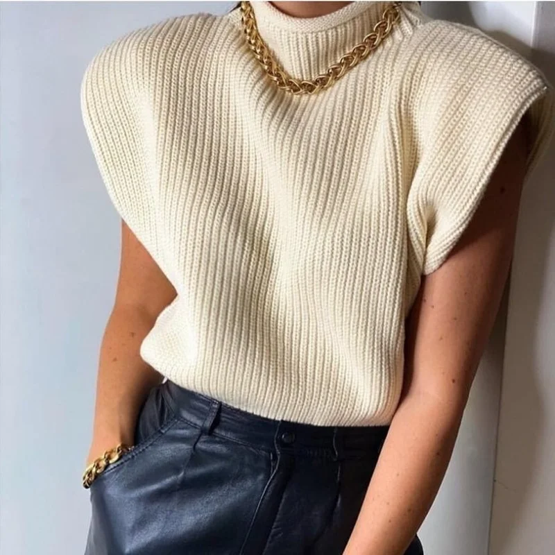 

Fall 2020 Women New Women's Wear Solid Color Sleeveless High Neck Fashion Casual Shoulder Pad Top Pull Over Sweater Pull Femme