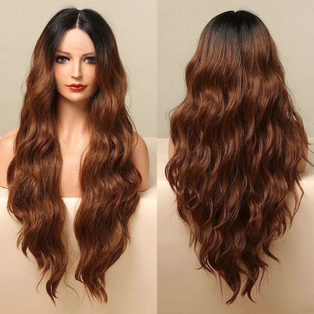 

GEMMA Long Body Wave Ombre Black Brown Synthetic Lace Wigs for Women Middle Part Daily Lace Frontal Wigs Heat Resistant Fiber
