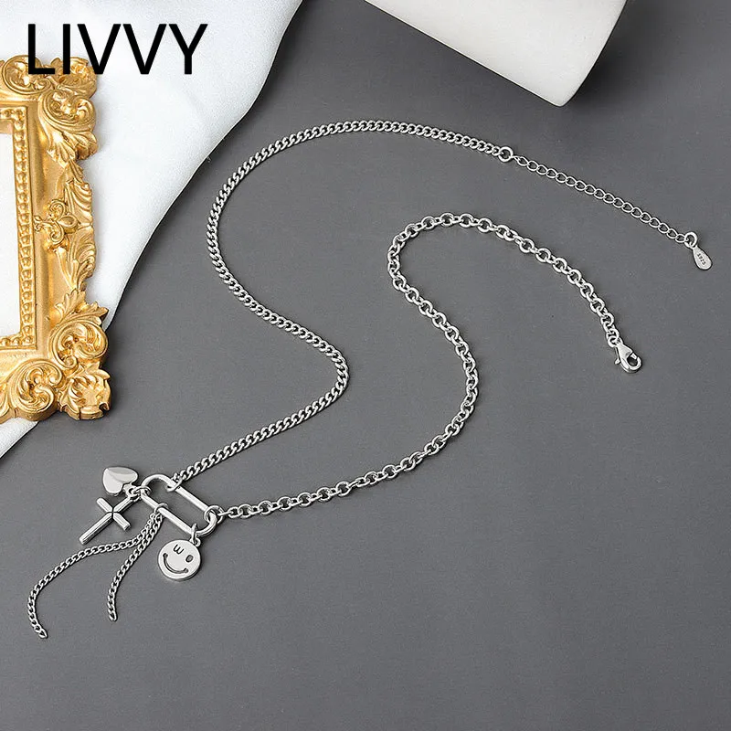 

LIVVY Silver Color Tassel Necklace For Women Smiley Face Loving Heart Cross Trendy Birthday Party Jewelry Gifts