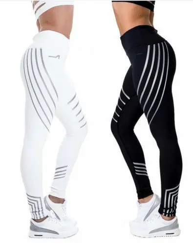 

NEW Fashion Women Laser Leggings Slim High Waist Workout Leggings Fitness Stripe Printing Jeggings Elastic Pants Hip lifting