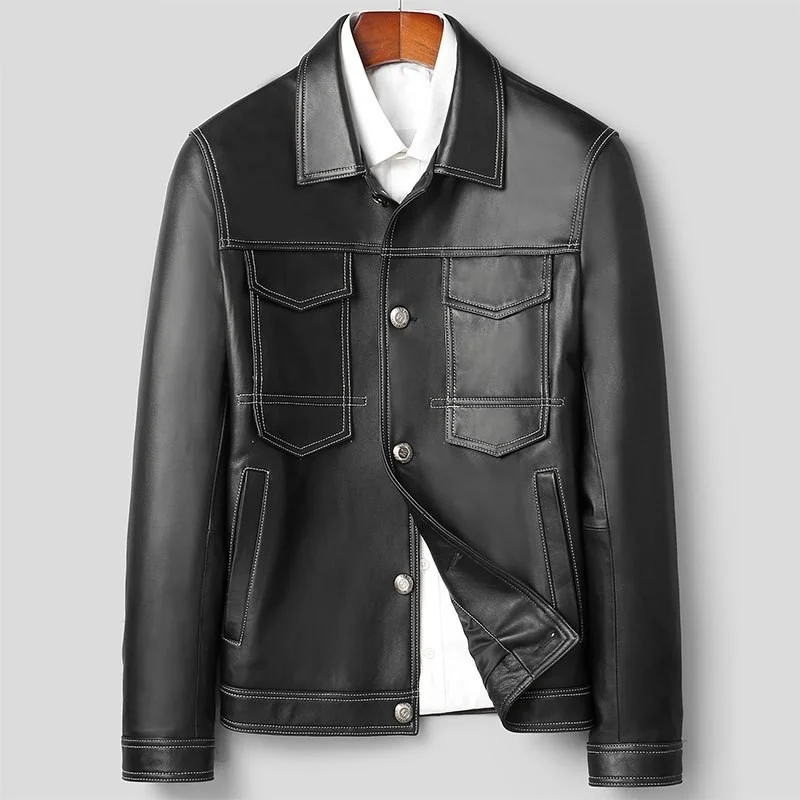 Куртка мужская приталенная из натуральной овечьей кожи модный однобортный