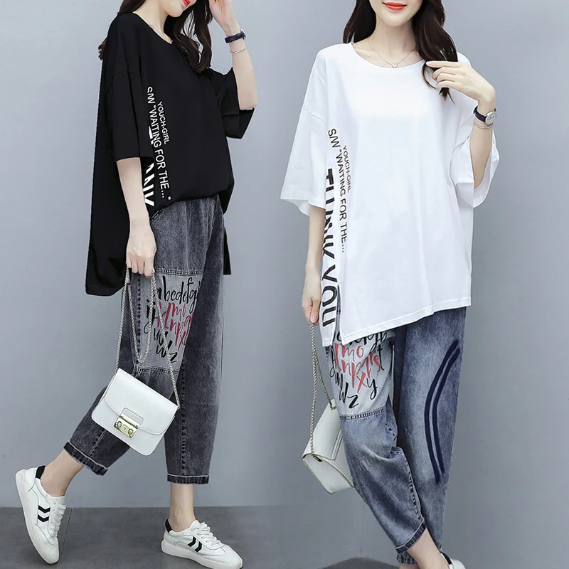 

3XL 4XL Women Two Piece Denim Pant Set 2021 Summer New Letter Top Cropped Trousers Harlan Jeans Large Size Fashion Loose Suit