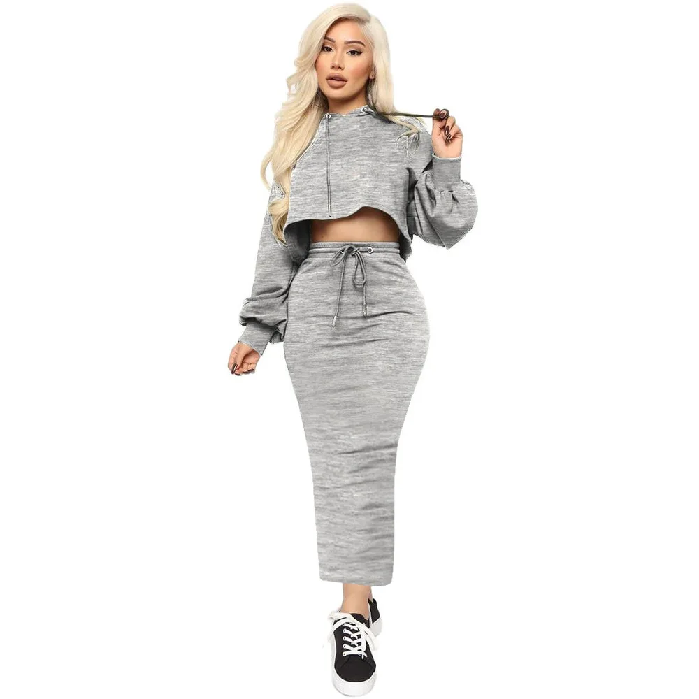 

Autumn 2021 Women's Set Long Sleeve Hooded Loose Crop Tops and Drawstring Bodycon Maxi Skirts Autumn Winter Casual Two Piece Set
