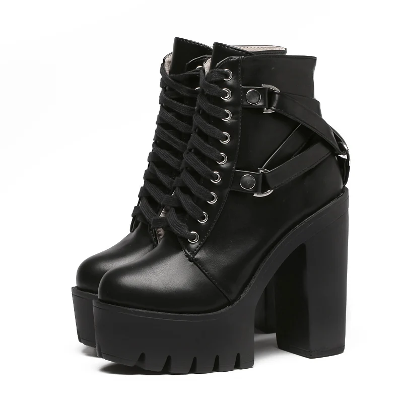 

goth boots Tide Cool Street Chic Hong Kong Locomotive Knight Matin Short Tube Bare Ankle Thick High Heel Thick Bottom