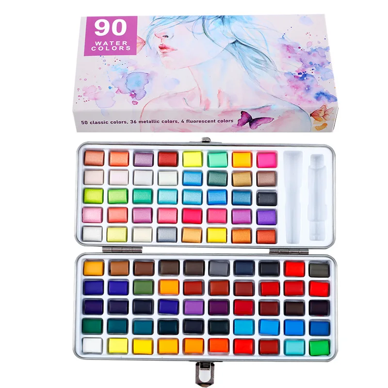 Professional 50/72/90 Color Solid Watercolor Set Basic Neon Glitter Watercolor Paint for Drawing Art Paint Supplies Art Supplies