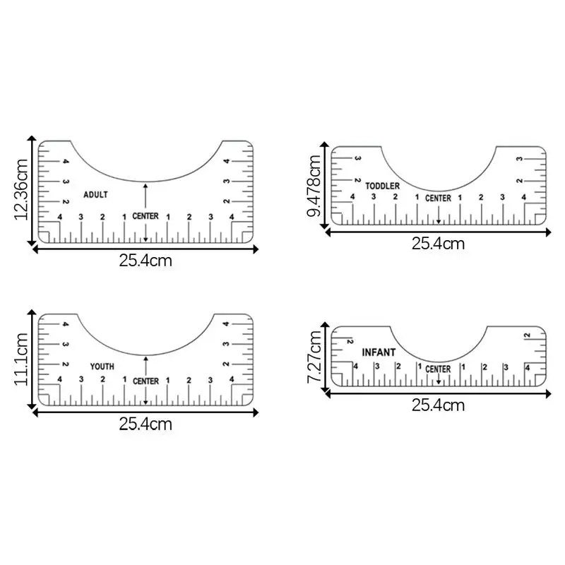

4Pcs/Set T-Shirt Alignment Ruler For Guiding T-Shirt Rulers With Size Chart For Adult Youth Toddler DIY Chart Sewing Ruler Tools