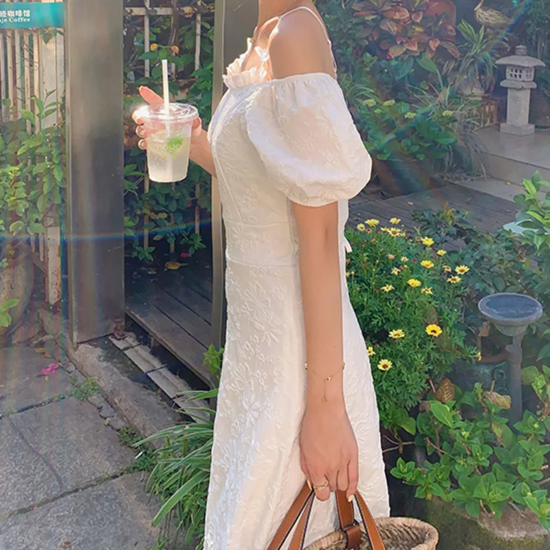 

Sexy Off Shoulde Bowknot Short Sleeve White Maxi Dress 2021 Summer New Female Elegant Party Strap Dress Kobieta Sukienka Vestido