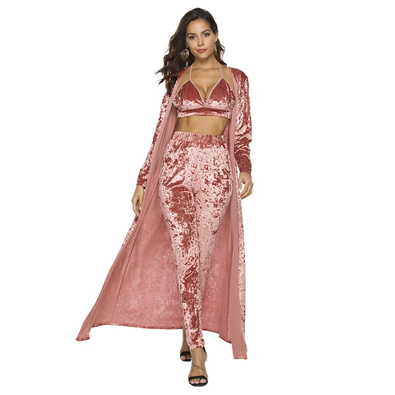 

Women 3pcs Set Velvet Sleeveless Vest Top Long Sleeve Cardigan and Pencil Pants Set Women Winter Autumn Casual Suits