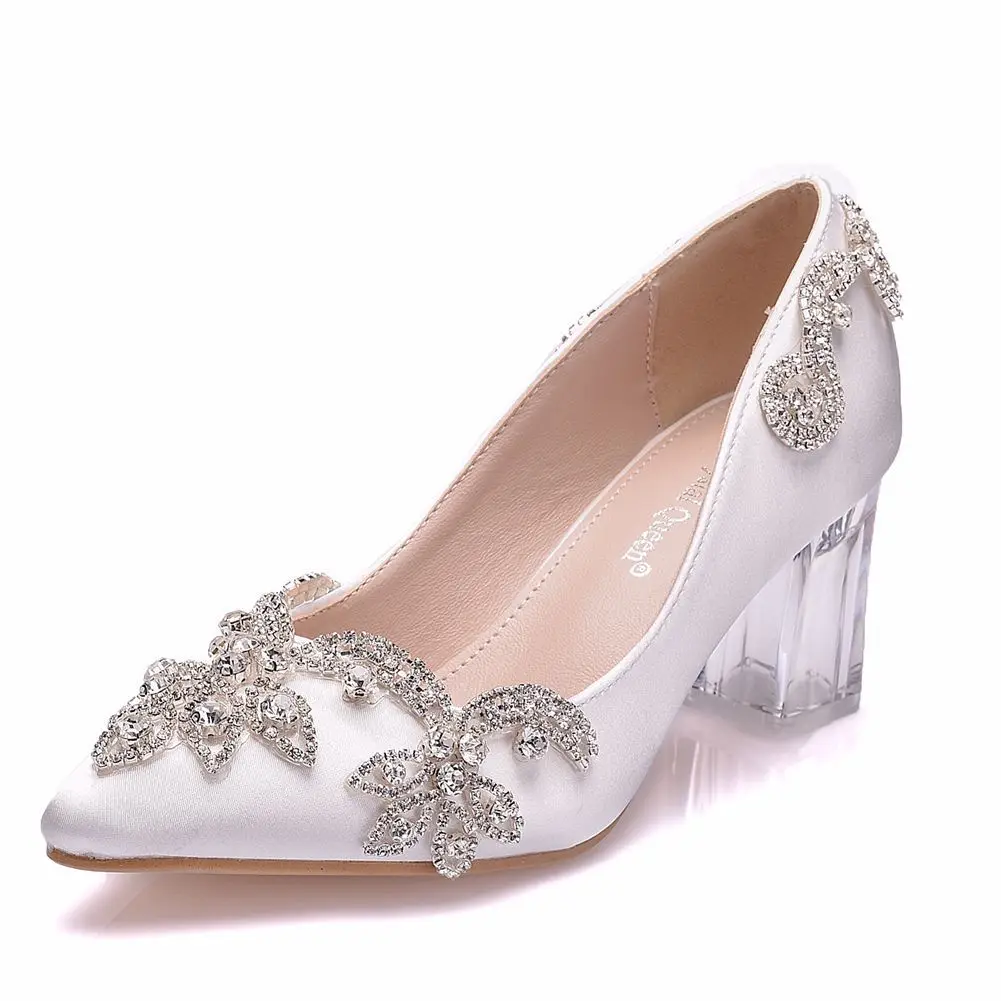 

Sexy High Heels Crystal Pumps Luxury Satin Silk Square Heel Wedding Shoes Bride Christmas Evening Party Rhinestone wedding shoes