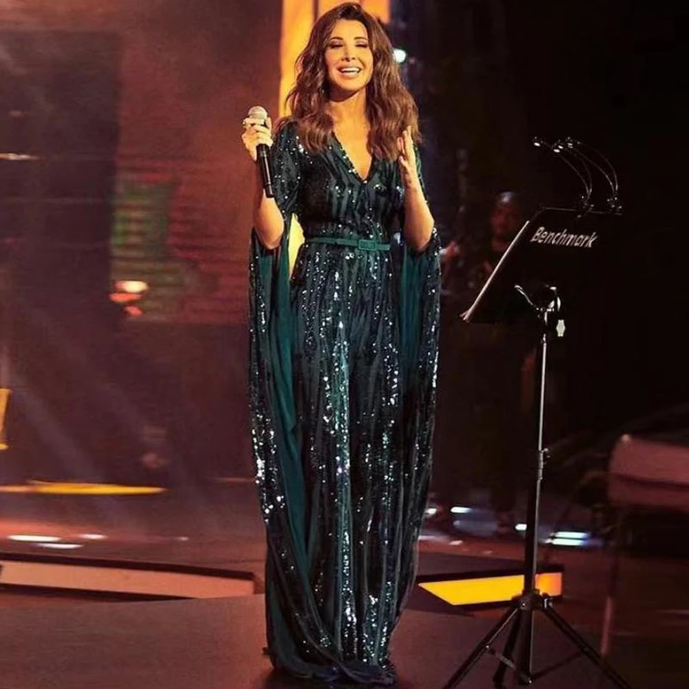

Потрясающие Зеленые Вечерние платья с блестками и аппликацией, женское платье знаменитости Дубая с V-образным вырезом, вечерняя одежда