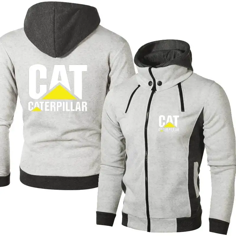 

2021 New Spring and Autumn Men's Cat Logo Stand Collar Dual Zippers Hooded Long Sleeve Casual Jacket Cardigan Hoodie 3 Colors