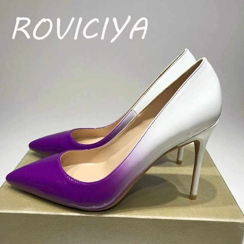 Модные женские туфли лодочки на высоком каблуке 12 см Цвет фиолетовый белый